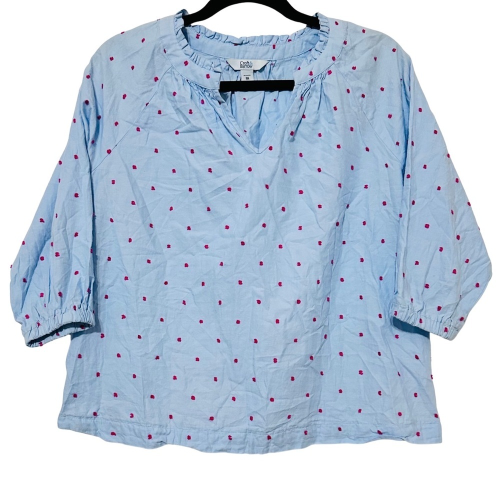Croft & Barrow PM Light Blue Polka Dot 3/4 Sleeve Peasant Top Sz Petite Medium